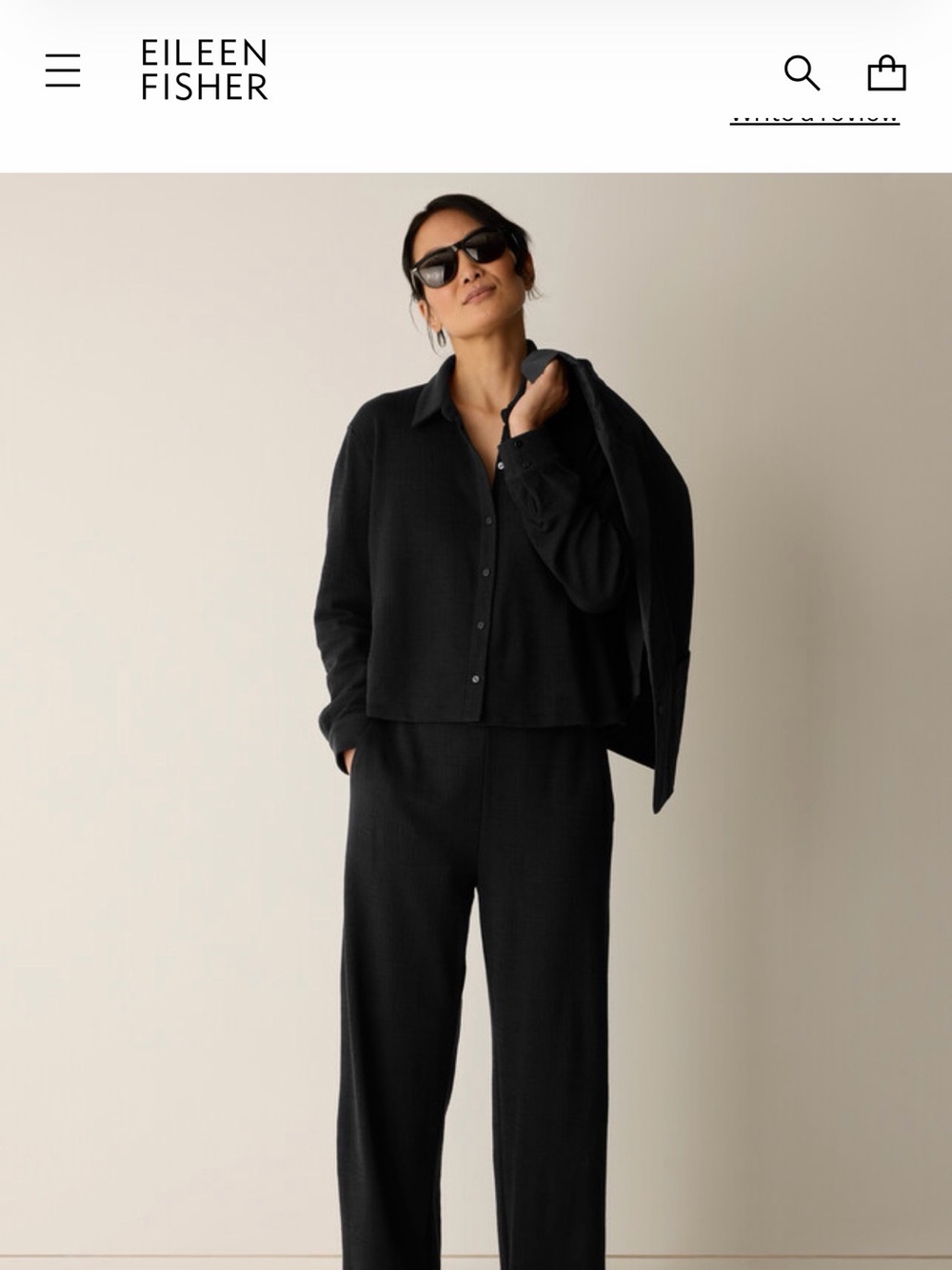 Eileen Fisher Black Cross Hatch Stretch Jersey Classic Collar Shirt - Picture 6 of 6